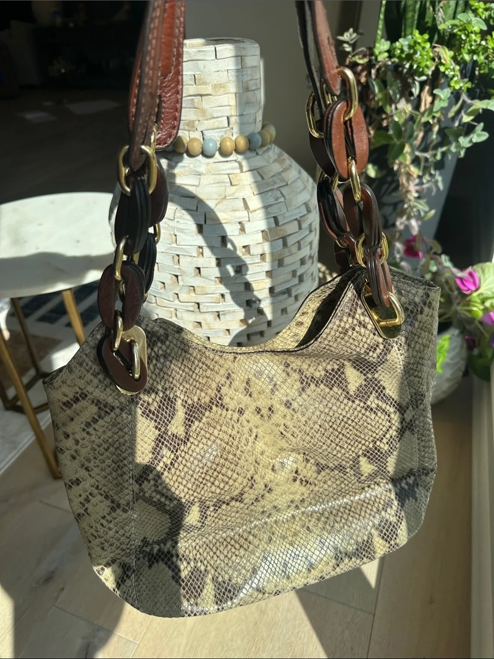 Michael Kors Taupe and Brown Snake-Print Shoulder Hobo - Picture 5 of 9